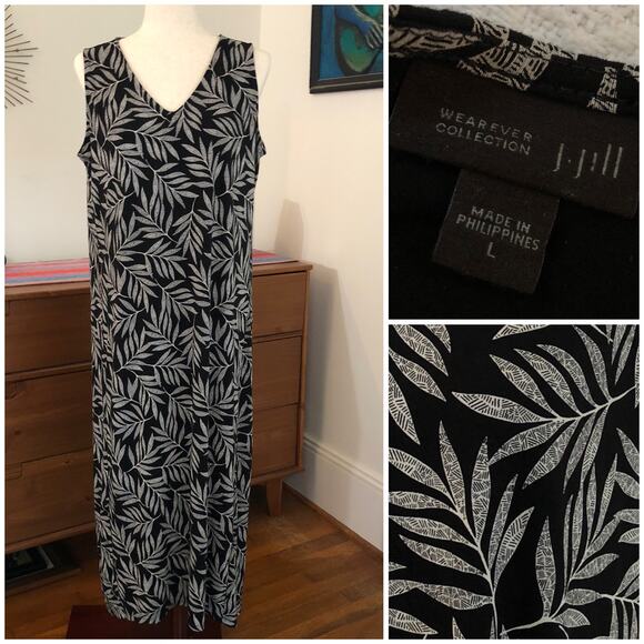 J. Jill Wearever Sleeveless Leaf Print Maxi Dress Large Black White Resort Boho - Picture 1 of 9